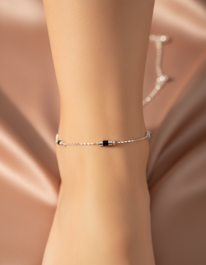 925 Silver Black Bead Anklet (Single)