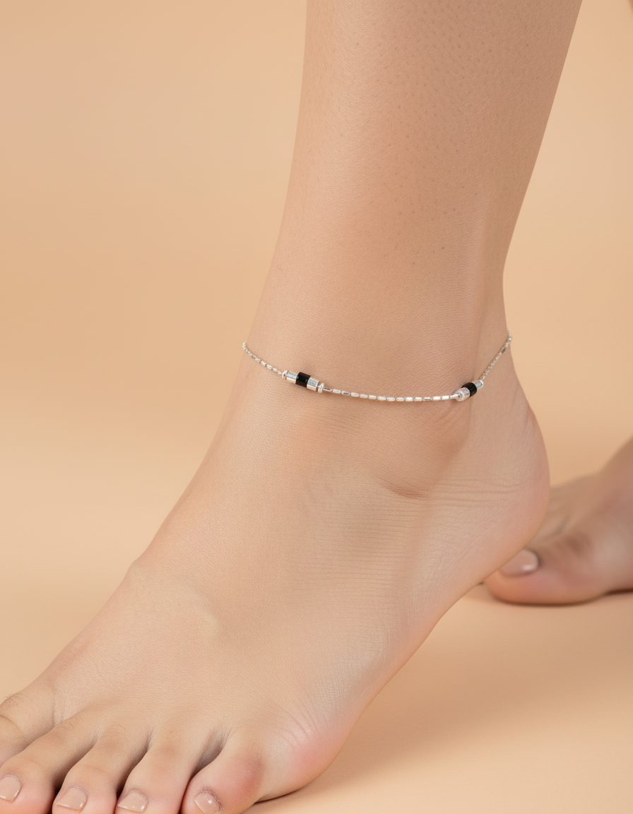 925 Silver Black Bead Anklet (Single)