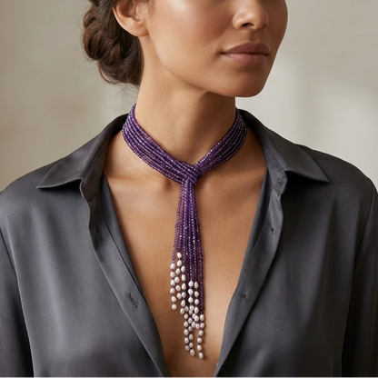 Woman wearing a purple beaded necklace with a blurred background
