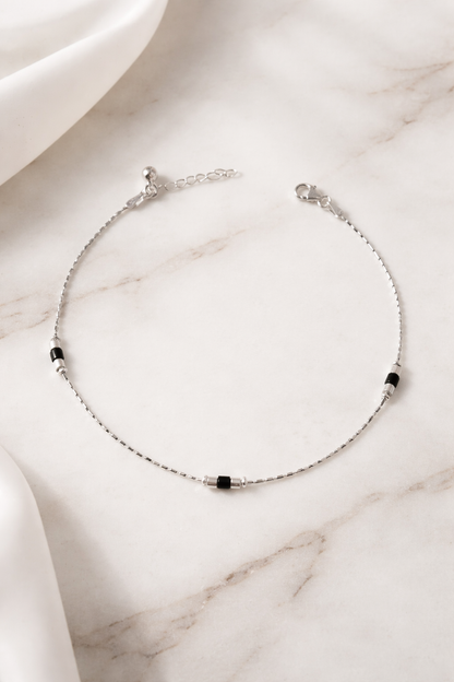 925 Silver Black Bead Anklet (Single)