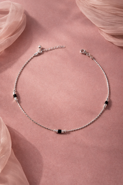 925 Silver Black Bead Anklet (Single)