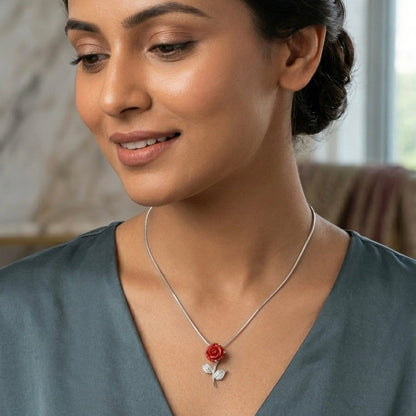 Silver Red Rose Pendant with Chain